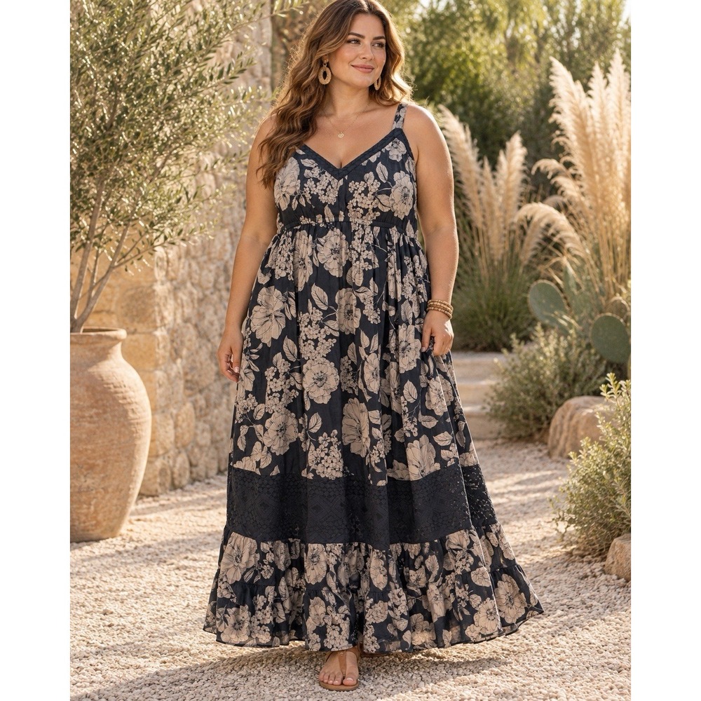 FESTI Size 3 Plus Floral Maxi Dress Boho Cotton Lace Inset Empire Waist